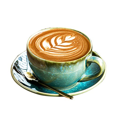 QRATIE Retro-Kaffeetassen-Set for Teetasse 10,1 Unzen Cappuccino-Tassen Mit Untertassen, Keramik-Latte-Becher for Milch, Café Mokka, Tee (Color : Green) von QRATIE