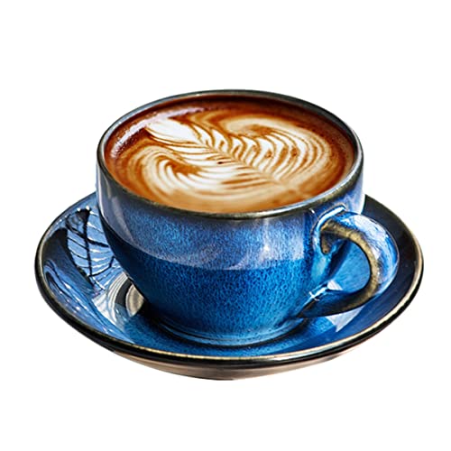 Retro-Kaffeetassen-Set For Teetasse 10,1 Unzen Cappuccino-Tassen Mit Untertassen, Keramik-Latte-Becher For Milch, Café Mokka, Tee (Color : Blue) von QRATIE