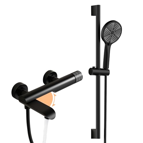 Badewannenarmatur mit Handbrause, Wandmontage Wasserhahn Badewanne Mischbatterie Messing Wannenarmatur inkl 3 Funktionen Handbrause, 180° Drehbaren Auslauf, 150cm Brauseschlauch (Schwarz) von QREZAA