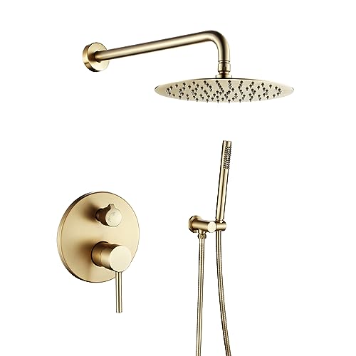 Duschsystem Unterputz Gebürstetes Gold Duschset Dual Funktionen Duscharmatur Set Mit Regendusche, Handbrause, 25X25cm Runder Regenduschkopf, Messingkörper, Wandmontage von QREZAA