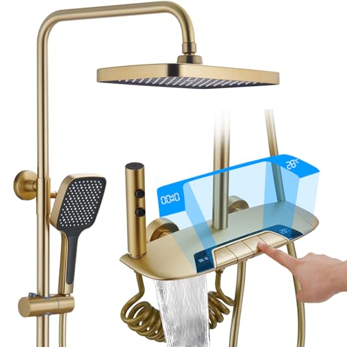 Duschsystem mit Thermostat, Duscharmatur Gebürstetes Gold Dusche Set Höhenverstellbar Regendusche Set mit Wannenauslauf, 310 * 200mm Duschkopf, 3 Modi Handbrause, Bidet-Dusche von QREZAA