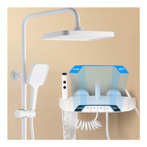 Duschsystem mit Thermostat, Duscharmatur Weiß Dusche Set Höhenverstellbar Regendusche Set mit Wannenauslauf, 310 * 200mm Duschkopf, 3 Modi Handbrause, Bidet-Dusche von QREZAA