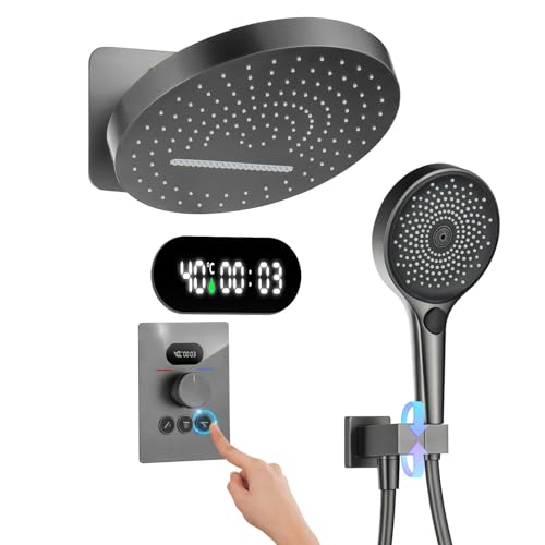 Duschsystem mit Thermostat, Unterputz Regendusche Wasserfall Duschsystem, Duscharmatur Duschset Dusche 32cm runden Kopfbrause Duschsystem inkl. 3 Funktionen Handbrause, Messing (Anthrazit) von QREZAA