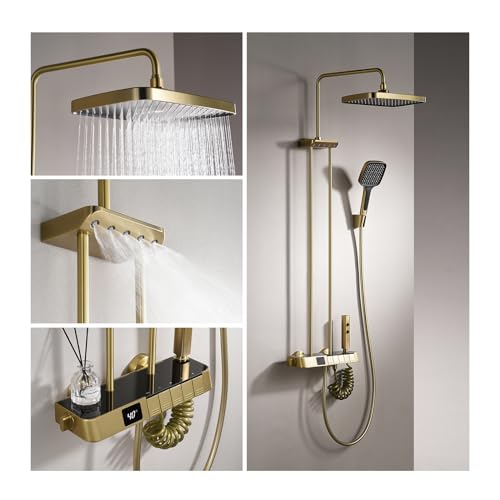 Duschsystem mit Thermostat Gebürstetes Gold, Mischbatterie Duschset Duschsäuleset mit Digitalanzeige, Regendusche aus Messing, 30cm Kopfbrause, Handbrause mit 3 Strahlstärken, Schulterbrause von QREZAA