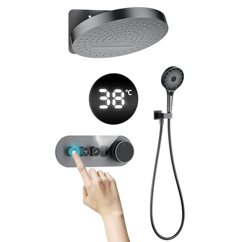 Duschsystem mit Thermostat, Unterputz Duscharmatur Set, LED Digitalanzeige Regendusche Duschsystem Unterputz Regendusche Duschset inkl. 32CM Kopfbrause, 3 Modi Handbrause, Messingkörper, Grau von QREZAA