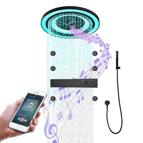 Musik Duschsystem mit Thermostat, 64 Farben LED Bluetooth Duschset Duscharmatur Set, 600mm 304 Edelstahl Runder Duschkopf, Handbrause, 6pcs Massage-Seiten-Spray, Deckenmontage（Schwarz） von QREZAA
