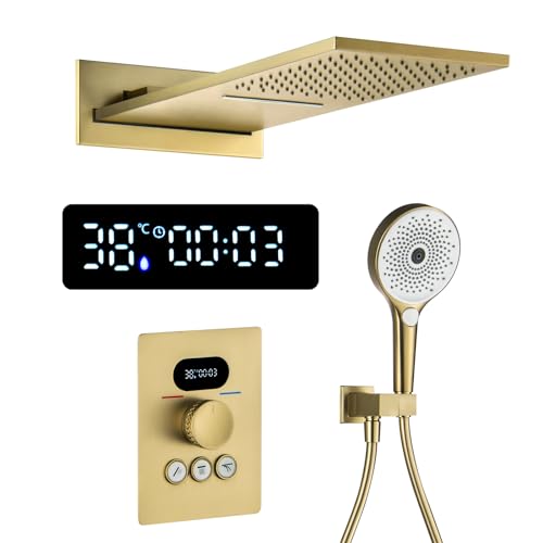 QREZAA Duschsystem mit Thermostat, Unterputz Duscharmatur Set LED Digitalanzeige Regendusche Unterputz Gebürstetes Gold Duschset Duschsäuleset Wandmontiert Regendusche Set mit Duschkopf, Handbrause von QREZAA