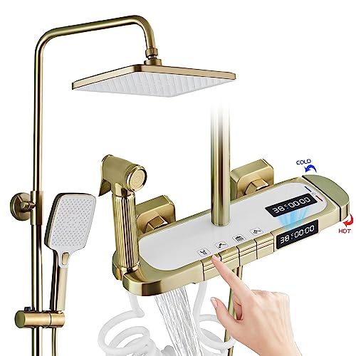 QREZAA Duschsystem mit Thermostat, Wand-Duschset mit LED-Digitalanzeige, Klaviertasten mit 4 Funktionen und Duschkopf 30 x 20 cm,Wasserfall-Badewannenarmatur und Bidet-Sprüher（Gebürstetes Gold） von QREZAA