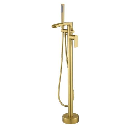 Freistehende Armatur Badewannenarmatur Wasserfall Freistehende Armatur Badewanne, 2 Modus Standarmatur für Wanne mit Handbrause, 360°Drehen Auslauf Bodenstehende Wannenarmatur… (Gebürstetes Gold) von QREZAA