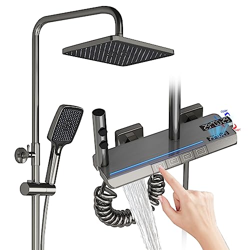 QREZAA Regendusche Duschsystem,4 Funktion LED Digitalanzeige heiße und kalte Mischung An der Wand montiert Brausegarnitur, mit 32 * 20cm Regendusche Handbrause Bidet Sprühgerät Badewannenarmatur von QREZAA