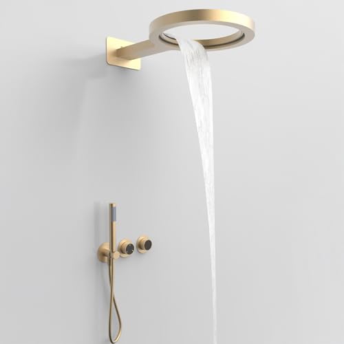 Ring Duschsystem Unterputz, Wasserfall & Regendusche Duscharmatur Set Unterputz mit 36cm Ring Duschkopf Regendusche und Handbrause, 3 Modi Duschsystem Duschset Wandmontage, Gebürstetes Gold von QREZAA