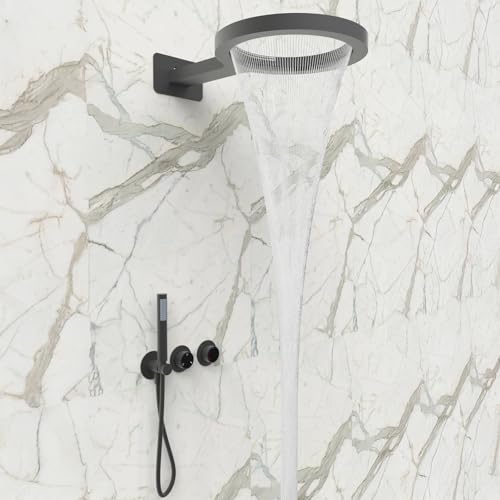 Ring Duschsystem Unterputz, Wasserfall & Regendusche Duscharmatur Set Unterputz mit 36cm Ring Duschkopf Regendusche und Handbrause, 3 Modi Duschsystem Duschset Wandmontage, Schwarz Ring Duschsystem Unterputz, Wasserfall & Regendusche Duscharmatur Set Unterputz mit 36cm Ring Duschkopf Regendusche und Handbrause, 3 Modi Duschsystem Duschset Wandmontage, Schwarz von QREZAA