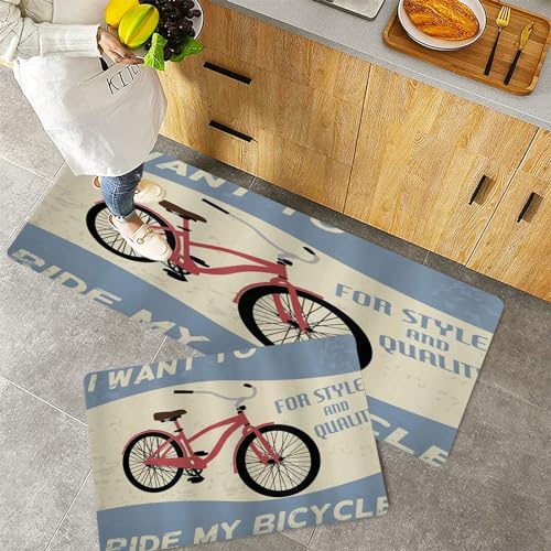 Küchenteppiche 2 Stück, Rutschfestes Küchenmatten,1960er Qualität Bike Tour Joy Vintage Grunge Poster Style Zitate ,Pflegeleicht, Anti-Müdigkeit Küchenteppich Teppich Läufer für Küche (45x70+45x120cm) von QRFASFZO