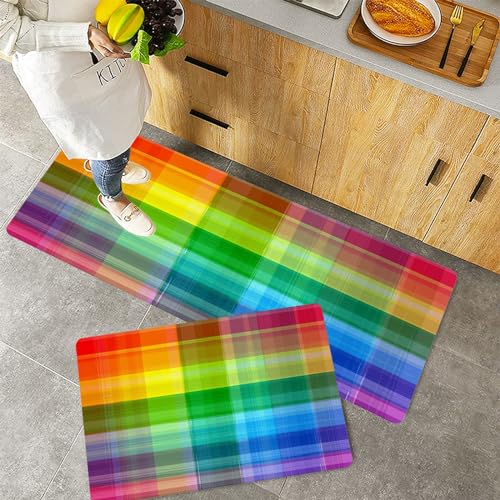 Küchenteppiche 2 Stück, Rutschfestes Küchenmatten,Abstrakter Regenbogen-Farben-Schmutz-Plaid-Kunst-Muster-Hintergru,Pflegeleicht, Anti-Müdigkeit Küchenteppich Teppich Läufer für Küche (45x70+45x120cm) von QRFASFZO