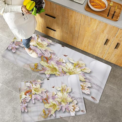 Küchenteppiche 2 Stück, Rutschfestes Küchenmatten,Aquarell-Pflanzen-Rosa-Blumen-Schmetterlings-weißer schießender H,Pflegeleicht, Anti-Müdigkeit Küchenteppich Teppich Läufer für Küche (45x70+45x120cm) von QRFASFZO