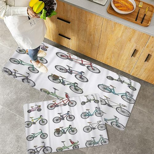 Küchenteppiche 2 Stück, Rutschfestes Küchenmatten,Big Flat Graphic Design Set aus verschiedenen Fahrrädern,Pflegeleicht, Anti-Müdigkeit Küchenteppich Teppich Läufer für Küche (45x70+45x120cm) von QRFASFZO
