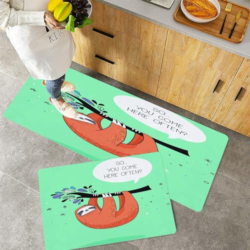 Küchenteppiche 2 Stück, Rutschfestes Küchenmatten,Cartoon Design Print Faultier mit kokettem Spruch „So You Come He,Pflegeleicht, Anti-Müdigkeit Küchenteppich Teppich Läufer für Küche (45x70+45x120cm) von QRFASFZO