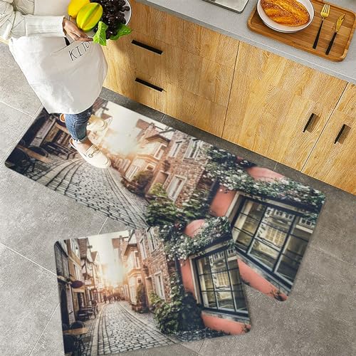 Küchenteppiche 2 Stück, Rutschfestes Küchenmatten,Europa Bild einer Altstadt bei Sonnenuntergang mit Retro-Vintage-,Pflegeleicht, Anti-Müdigkeit Küchenteppich Teppich Läufer für Küche (45x70+45x120cm) von QRFASFZO
