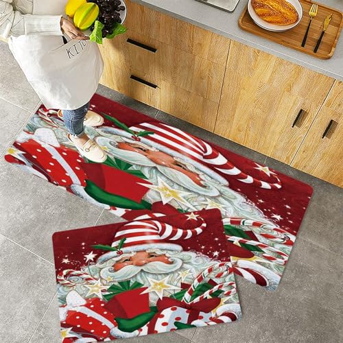 Küchenteppiche 2 Stück, Rutschfestes Küchenmatten,Feiertags-festlicher netter Karikatur-Weihnachtsmann mit vielen G,Pflegeleicht, Anti-Müdigkeit Küchenteppich Teppich Läufer für Küche (45x70+45x120cm) von QRFASFZO