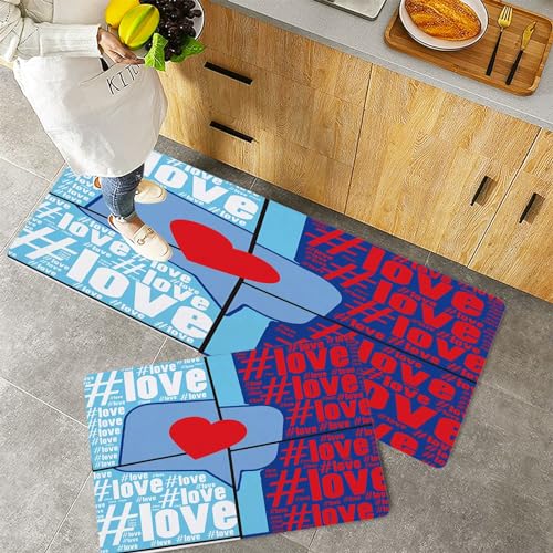 Küchenteppiche 2 Stück, Rutschfestes Küchenmatten,Hashtag-Liebesworte mit Mitteilungs-Zeichen-Illustration auf Mosa,Pflegeleicht, Anti-Müdigkeit Küchenteppich Teppich Läufer für Küche (45x70+45x120cm) von QRFASFZO