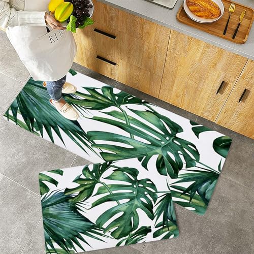 Küchenteppiche 2 Stück, Rutschfestes Küchenmatten,Klassisches grünes tropisches Monstera-Dschungel-Palmblatt-Design,Pflegeleicht, Anti-Müdigkeit Küchenteppich Teppich Läufer für Küche (45x70+45x120cm) von QRFASFZO