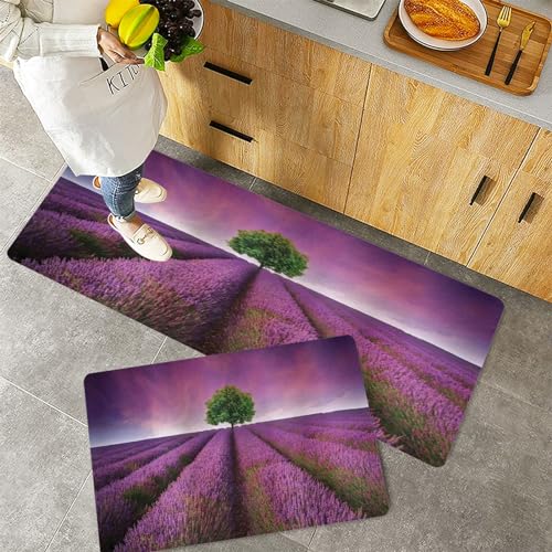 Küchenteppiche 2 Stück, Rutschfestes Küchenmatten,Lila romantischer Lavendelfeld-Panoramablick-Druckbaum und violet,Pflegeleicht, Anti-Müdigkeit Küchenteppich Teppich Läufer für Küche (45x70+45x120cm) von QRFASFZO