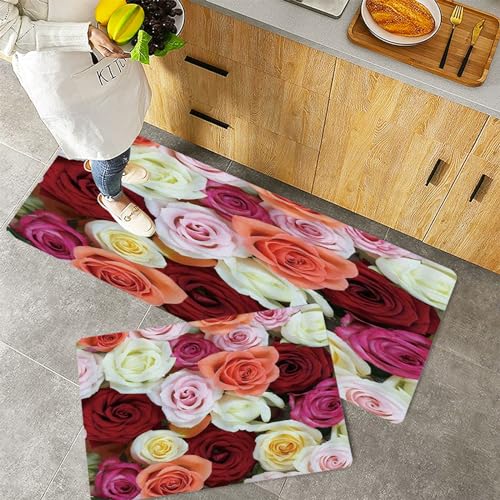 Küchenteppiche 2 Stück, Rutschfestes Küchenmatten,Rosen Rot Rosa Gelb Fuchsia Magenta Blume Blumenkollektion Druckd,Pflegeleicht, Anti-Müdigkeit Küchenteppich Teppich Läufer für Küche (45x70+45x120cm) von QRFASFZO