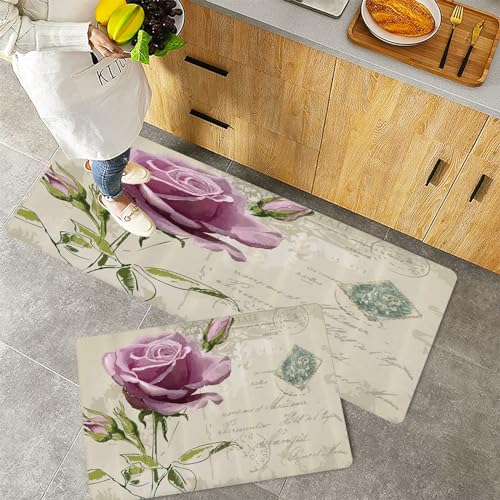 Küchenteppiche 2 Stück, Rutschfestes Küchenmatten,Rosen-Weinlese-Postkarten-Design mit zartem Rosenblüten-Handzeich,Pflegeleicht, Anti-Müdigkeit Küchenteppich Teppich Läufer für Küche (45x70+45x120cm) von QRFASFZO