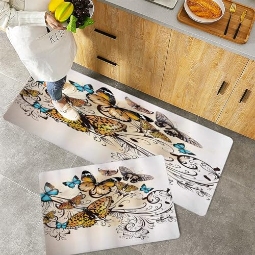 Küchenteppiche 2 Stück, Rutschfestes Küchenmatten,Schmetterling Monarchfalter Vintage Damast inspiriertes Design,,Pflegeleicht, Anti-Müdigkeit Küchenteppich Teppich Läufer für Küche (45x70+45x120cm) von QRFASFZO