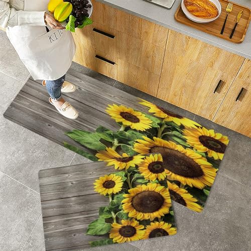Küchenteppiche 2 Stück, Rutschfestes Küchenmatten,Sonnenblume Holz Rustikal Blumen Frühling Blühende Blumen Planke ,Pflegeleicht, Anti-Müdigkeit Küchenteppich Teppich Läufer für Küche (45x70+45x120cm) von QRFASFZO