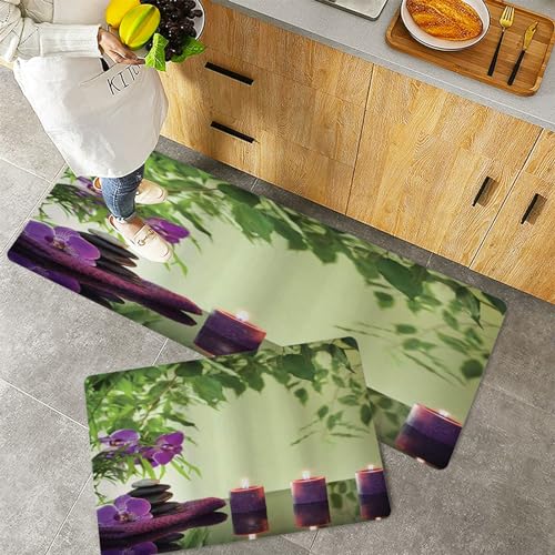 Küchenteppiche 2 Stück, Rutschfestes Küchenmatten,Stones Duftkerzen und Orchideen Blüten Behandlung Urlaub Grün Lil,Pflegeleicht, Anti-Müdigkeit Küchenteppich Teppich Läufer für Küche (45x70+45x120cm) von QRFASFZO