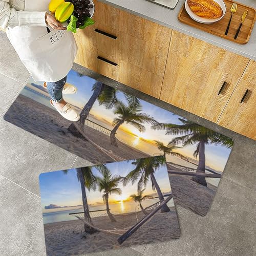 Küchenteppiche 2 Stück, Rutschfestes Küchenmatten,Tropical Paradise Beach bei Sonnenuntergang mit Hängematte,Pflegeleicht, Anti-Müdigkeit Küchenteppich Teppich Läufer für Küche (45x70+45x120cm) von QRFASFZO