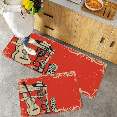 Küchenteppiche 2 Stück, Rutschfestes Küchenmatten,Western-Country-Musik-Poster mit Cowboy-Kleidung und Musik-Gitarr,Pflegeleicht, Anti-Müdigkeit Küchenteppich Teppich Läufer für Küche (45x70+45x120cm) von QRFASFZO