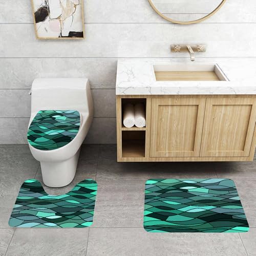 QRFASFZO 3 Stück Badematten und WC Vorleger Microfaser Weiches Badteppich badvorleger rutschfest Waschbar Badezimmerteppich Set, Blaugrün, Expressionnis inspiriertes abstraktes Ozeanwellen-Mosaik, von QRFASFZO