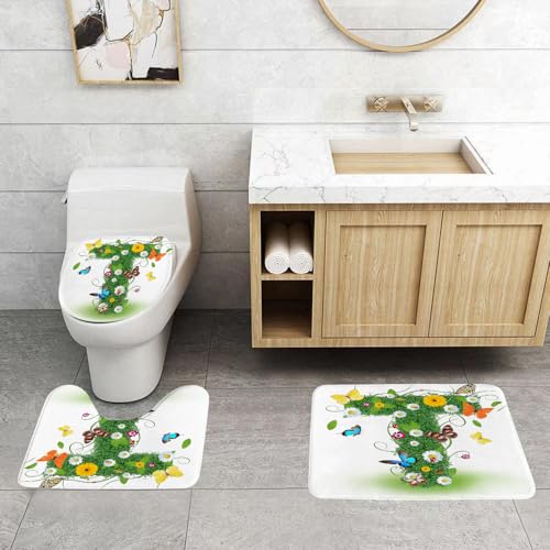 QRFASFZO 3 Stück Badematten und WC Vorleger Microfaser Weiches Badteppich badvorleger rutschfest Waschbar Badezimmerteppich Set, Buchstabe T, Natur inspiriertes Design mit Blumen und Tieren Grün von QRFASFZO