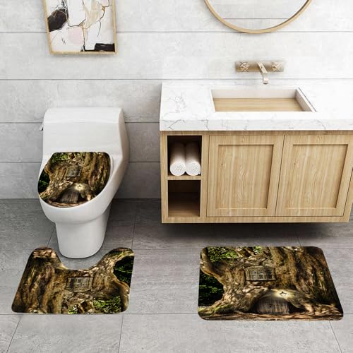 QRFASFZO 3 Stück Badematten und WC Vorleger Microfaser Weiches Badteppich badvorleger rutschfest Waschbar Badezimmerteppich Set, Fantasie, Märchen im Baumstamm im Wald mit Laternen, Volksgeschichten QRFASFZO 3 Stück Badematten und WC Vorleger Microfaser Weiches Badteppich badvorleger rutschfest Waschbar Badezimmerteppich Set, Fantasie, Märchen im Baumstamm im Wald mit Laternen, Volksgeschichten von QRFASFZO