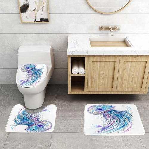 QRFASFZO 3 Stück Badematten und WC Vorleger Microfaser Weiches Badteppich badvorleger rutschfest Waschbar Badezimmerteppich Set, Medusa, Aqua Farben Kunst Ozean Tier Druck Skizze von QRFASFZO
