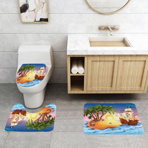 QRFASFZO 3 Stück Badematten und WC Vorleger Microfaser Weiches Badteppich badvorleger rutschfest Waschbar Badezimmerteppich Set, Pirat, l im Tresor mit Palmen Fantastisches Nachtleben mit Vorhängen von QRFASFZO