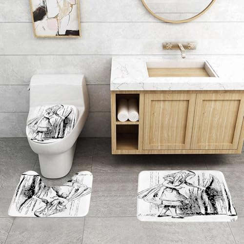 QRFASFZO 3 Stück Badematten und WC Vorleger Microfaser Weiches Badteppich badvorleger rutschfest Waschbar Badezimmerteppich Set, im Wunderland, Schwarz-Weiß- schaut durch Vorhänge versteckt von QRFASFZO