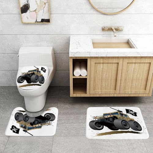 QRFASFZO 3 Stück Badematten und WC Vorleger Microfaser Weiches Badteppich badvorleger rutschfest Waschbar Badezimmerteppich Set,3D-Bild Auto durchbricht die Wand, Hummer auf Rampage Flying High mit von QRFASFZO