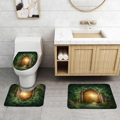 QRFASFZO 3 Stück Badematten und WC Vorleger Microfaser Weiches Badteppich badvorleger rutschfest Waschbar Badezimmerteppich Set,3D-Tapete Tor zum Zauberwald Das Geheimnisvolle in Licht getaucht von QRFASFZO
