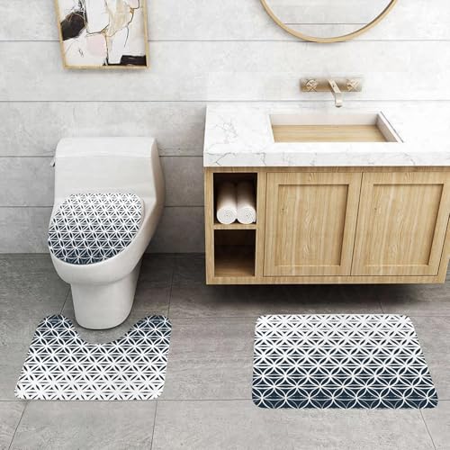 QRFASFZO 3 Stück Badematten und WC Vorleger Microfaser Weiches Badteppich badvorleger rutschfest Waschbar Badezimmerteppich Set,Abstrakt, Retro-geometrisches Muster, Klassische Halbton-Monochrom-Kur von QRFASFZO