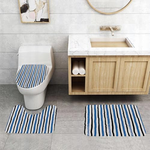 QRFASFZO 3 Stück Badematten und WC Vorleger Microfaser Weiches Badteppich badvorleger rutschfest Waschbar Badezimmerteppich Set,Abstrakt, vertikal gestreift, Bunte Pl Bänder Streifen von Hand gezeic von QRFASFZO