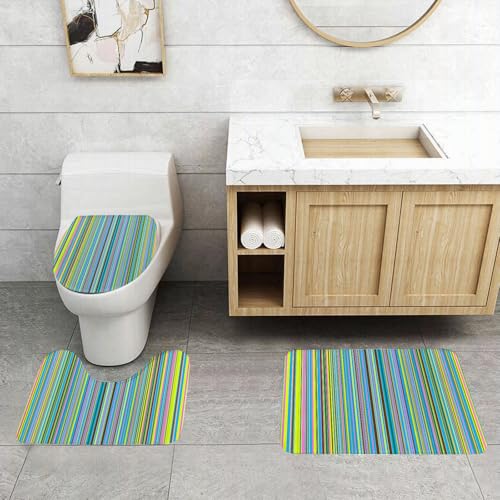 QRFASFZO 3 Stück Badematten und WC Vorleger Microfaser Weiches Badteppich badvorleger rutschfest Waschbar Badezimmerteppich Set,Abstrakte Tapete Hintergrund dekorative Trendige Bunte Streifen Muster von QRFASFZO