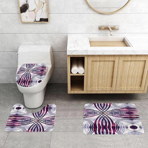 QRFASFZO 3 Stück Badematten und WC Vorleger Microfaser Weiches Badteppich badvorleger rutschfest Waschbar Badezimmerteppich Set,Abstrakte geometrische Muster in Lila und Weiß, faszinierendes Design von QRFASFZO