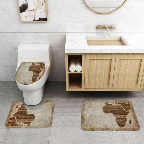 QRFASFZO 3 Stück Badematten und WC Vorleger Microfaser Weiches Badteppich badvorleger rutschfest Waschbar Badezimmerteppich Set,Afrikanischer Kontinent, Textur Afrikas - Holz und Beton, afrikanische von QRFASFZO