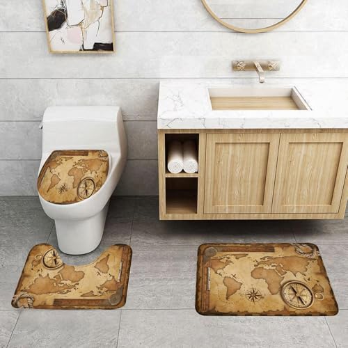 QRFASFZO 3 Stück Badematten und WC Vorleger Microfaser Weiches Badteppich badvorleger rutschfest Waschbar Badezimmerteppich Set,Alte Schatzkarte, Lineal, Seil und Alter Messingkompass, Stillleben von QRFASFZO