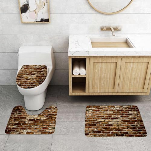 QRFASFZO 3 Stück Badematten und WC Vorleger Microfaser Weiches Badteppich badvorleger rutschfest Waschbar Badezimmerteppich Set,Alternde Ziegelmauer, braune und hellbraune Ziegel mit Zeichen der Alt von QRFASFZO