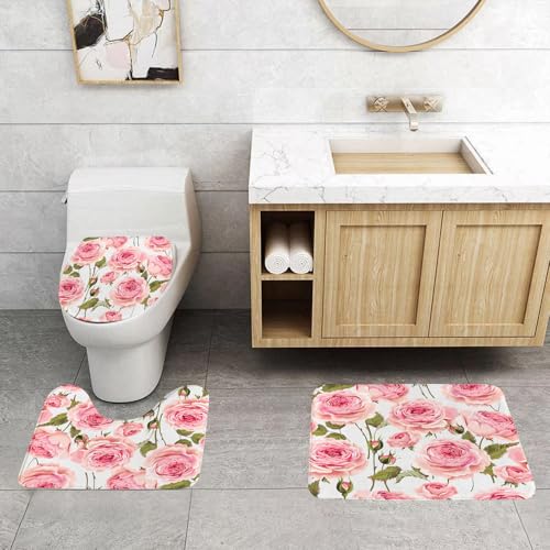 QRFASFZO 3 Stück Badematten und WC Vorleger Microfaser Weiches Badteppich badvorleger rutschfest Waschbar Badezimmerteppich Set,Altrosa Blumengruß Knospe Englische Rosen Rosenmuster Natur Vintage An von QRFASFZO