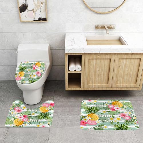 QRFASFZO 3 Stück Badematten und WC Vorleger Microfaser Weiches Badteppich badvorleger rutschfest Waschbar Badezimmerteppich Set,Ananas und Blumen, exotische Blumen, Palmblätter und Tropische Blüten, von QRFASFZO